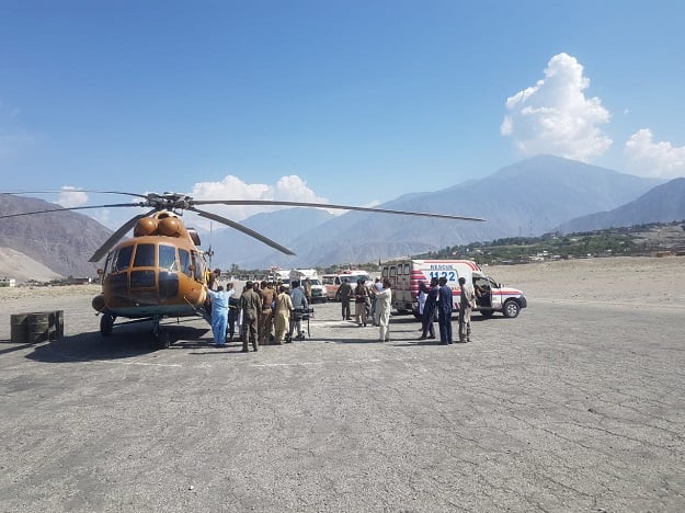 Army helicopters were used to transport the dead and injured to CMH Gilgit. PHOTO: ISPR