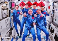 this image captured at beijing aerospace control center on may 25 2026 shows a group picture of the crew of shenzhou 21 and shenzhou 23 spaceships photo xinhua