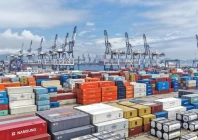 a drone photograph shows the international container terminal at yantai port in shandong province china on july 14 2026 photo xinhua