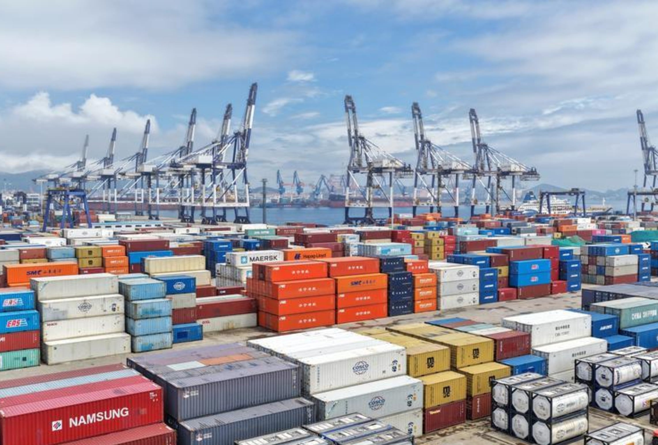 A drone photograph shows the international container terminal at Yantai Port in Shandong province, China, on July 14, 2026. Photo: Xinhua