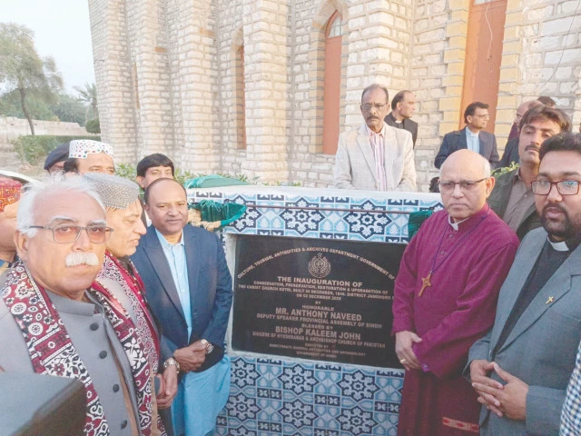 sindh assembly deputy speaker anthony naveed archaeology department dg abdul fattah sheikh and bishop kaleem john of the hyderabad diocese inaugurate the renovation project of kotri church photo express
