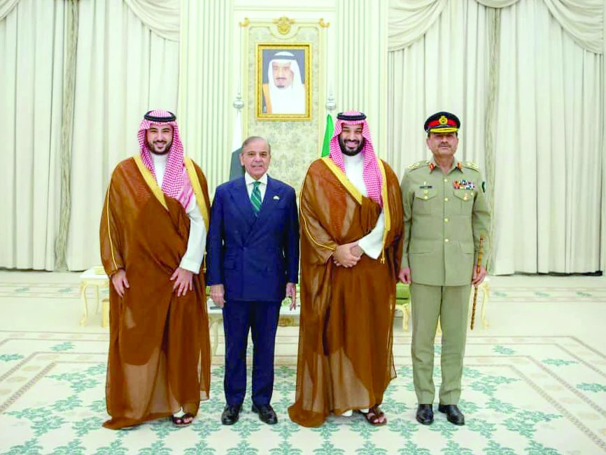 saudi arabia crown prince and prime minister mohammed bin salman defence minister khalid bin salman prime minister shehbaz sharif and army chief field marshal gen syed asim munir pose for a photograph after the signing of the strategic mutual defence agreement between pakistan and kingdom of saudi arabia in riyadh photo app