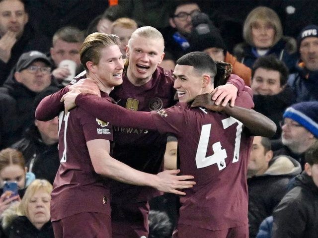 erling haaland celebrates scoring their fifth goal with manchester city s kevin de bruyne and manchester city s phil foden photo reuters