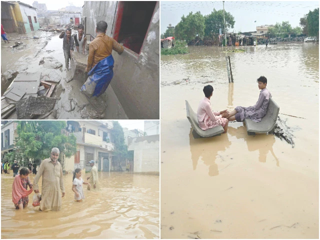 residents of flood hit localities in karachi move to safer places while youths sit back and talk life away their laughter rippling through floodwater photos agencies