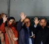 maryam nawaz sharif l nawaz sharif centre pm shahbaz sharif r gesture as they gather at the party office of pakistan muslim league n at model town in lahore on february 9 2024 photo reuters