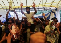 abhijeet dipke head of the cockroach janta party celebrates with supporters after the resignation of education minister dharmendra pradhan at jantar mantar in new delhi india july 25 2026 photo reuters