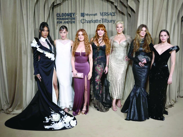 nt michaela ja rodriguez bella tilbury isla fisher charlotte tilbury hannah waddingham jemima khan and felicity jones pose for a photograph at the albies hosted by the clooney foundation photo afp