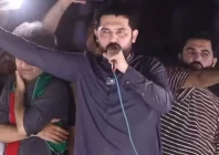khyber pakhtunkhwa chief minister sohail afridi addresses participants of the pti long march at manga bazaar in mardan on saturday screengrab