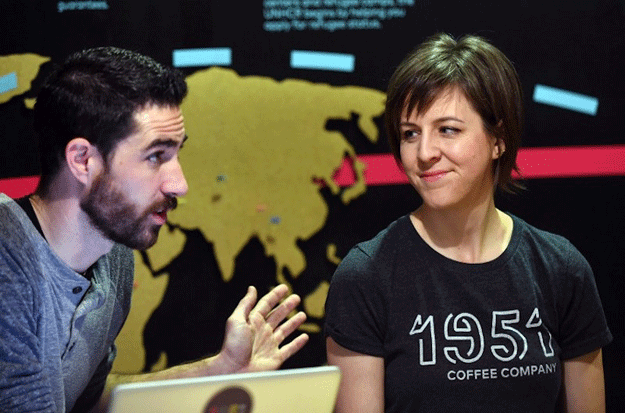 Co-founders Doug Hewitt and Rachel Taber speak to a reporter at 1951 Coffee Company in Berkeley, California, February 9, 2017. PHOTO: AFP