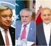 un chief ant nio guterres l fm ishaq dar m and ambassador of iran to pakistan reza amiri moghadam photos file