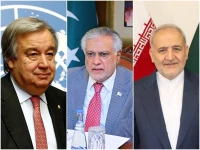 un chief ant nio guterres l fm ishaq dar m and ambassador of iran to pakistan reza amiri moghadam photos file