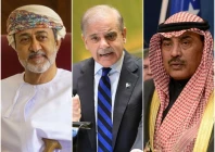 sultan haitham bin tariq of oman l prime minister shehbaz sharif c and kuwaiti crown prince sheikh sabah al khaled photos file