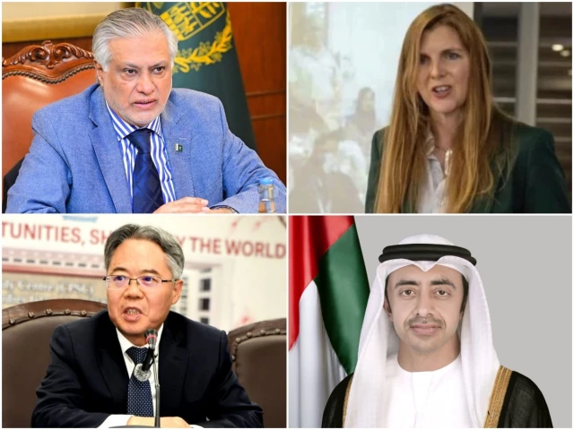 foreign minister ishaq dar clockwise upper left british high commissioner jane marriott chinese ambassador jiang zaidong and emirati foreign minister sheikh abdullah bin zayed al nahyan photos file foreign minister ishaq dar clockwise upper left british high commissioner jane marriott chinese ambassador jiang zaidong and emirati foreign minister sheikh abdullah bin zayed al nahyan photos file