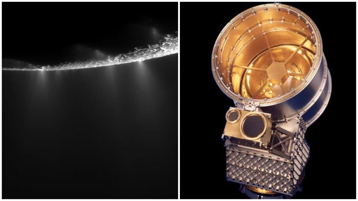 The collage show edge of Enceladus showing plumes of icy grains from the crack(R) and Cosmic Dust Analyzer. PHOTO: NASA