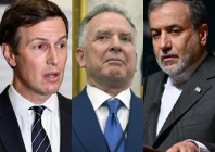 a combination of photos shows us president donald trump s son in law jared kushner and special envoy steve witkoff alongside iran s foreign minister abbas araghchi photo afp