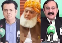 combined image of minister of state for interior talal chaudhry left jamiat ulema e islam fazl chief maulana fazlur rehman centre and parliamentary affairs minister tariq fazal chaudhry right photos file