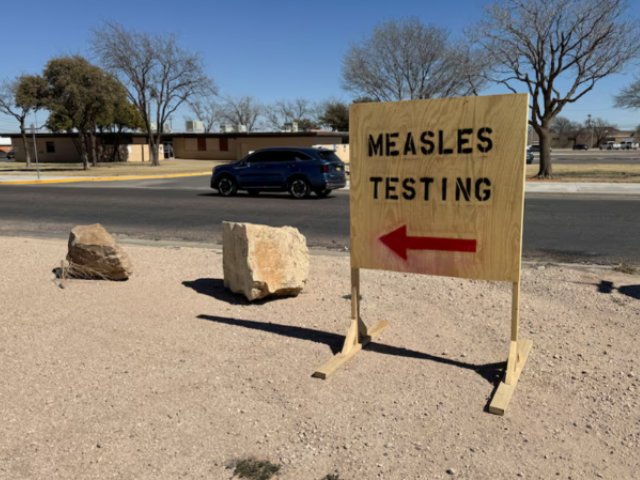 a sign reading measles testing is seen as an outbreak in gaines county texas has raised concerns over its spread to other parts of the state in seminole texas u s february 25 2025