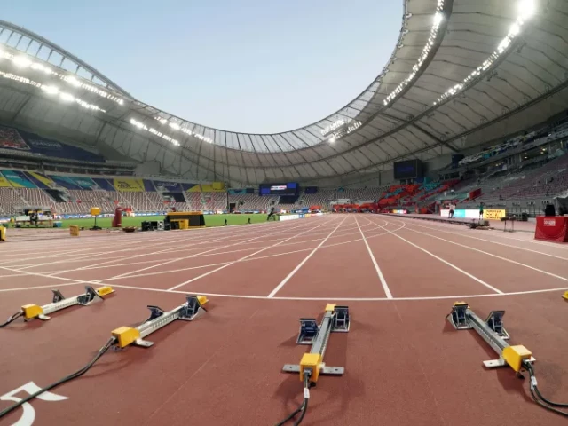 a view of the starting blocks at khalifa international stadium in doha qatar ahead of the iaaf world athletics championships on september 26 2019 kirby lee usa today sports via reuters a view of the starting blocks at khalifa international stadium in doha qatar ahead of the iaaf world athletics championships on september 26 2019 kirby lee usa today sports via reuters