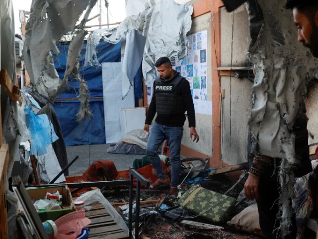 palestinians inspect the damage to a tent housing journalists in khan younis southern gaza after it was hit by an israeli attack hatem khaled reuters palestinians inspect the damage to a tent housing journalists in khan younis southern gaza after it was hit by an israeli attack hatem khaled reuters