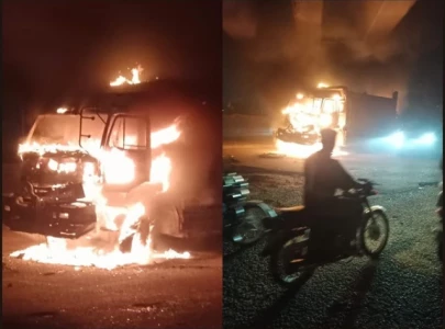 dumper crushes motorcycle in karachi seven heavy vehicles set on fire