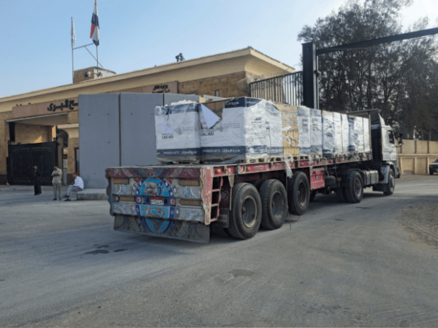 Truck carrying aid lines up near the Rafah border crossing between Egypt and the Gaza Strip, amid the ongoing conflict between Israel and Hamas, in Rafah, Egypt on July 28, 2025. — Reuters