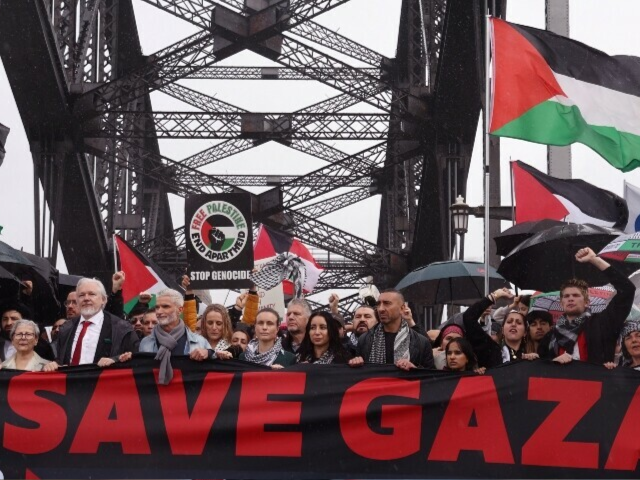 Demonstrators march across the Sydney Harbour Bridge during a pro-Palestinian rally against Israel’s actions and the ongoing food shortages in the Gaza Strip, in Sydney on August 3. — AFP
