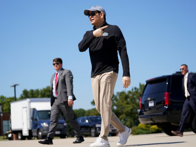 US Secretary of State Marco Rubio points while walking on the tarmac, as he departs for Israel at Joint Base Andrews, Maryland, US, September 13, 2025. Photo: Reuters