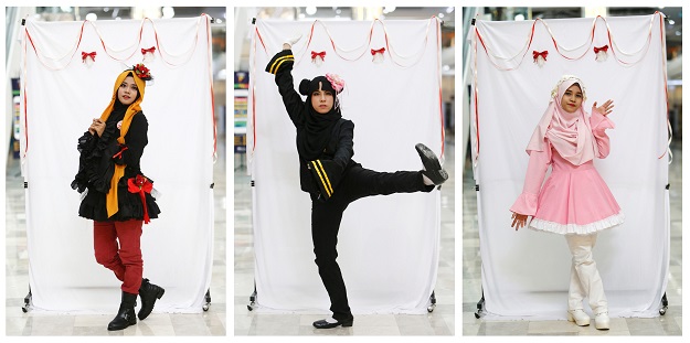 A combination photo of Muslim cosplayers Nurul Athirah, 21, Nursyamimi Minhalia, 20, Nurul Syakirah, 23, (L-R) posing during a cosplay event at a mall in Petaling Jaya, near Kuala Lumpur, Malaysia. PHOTO: REUTERS