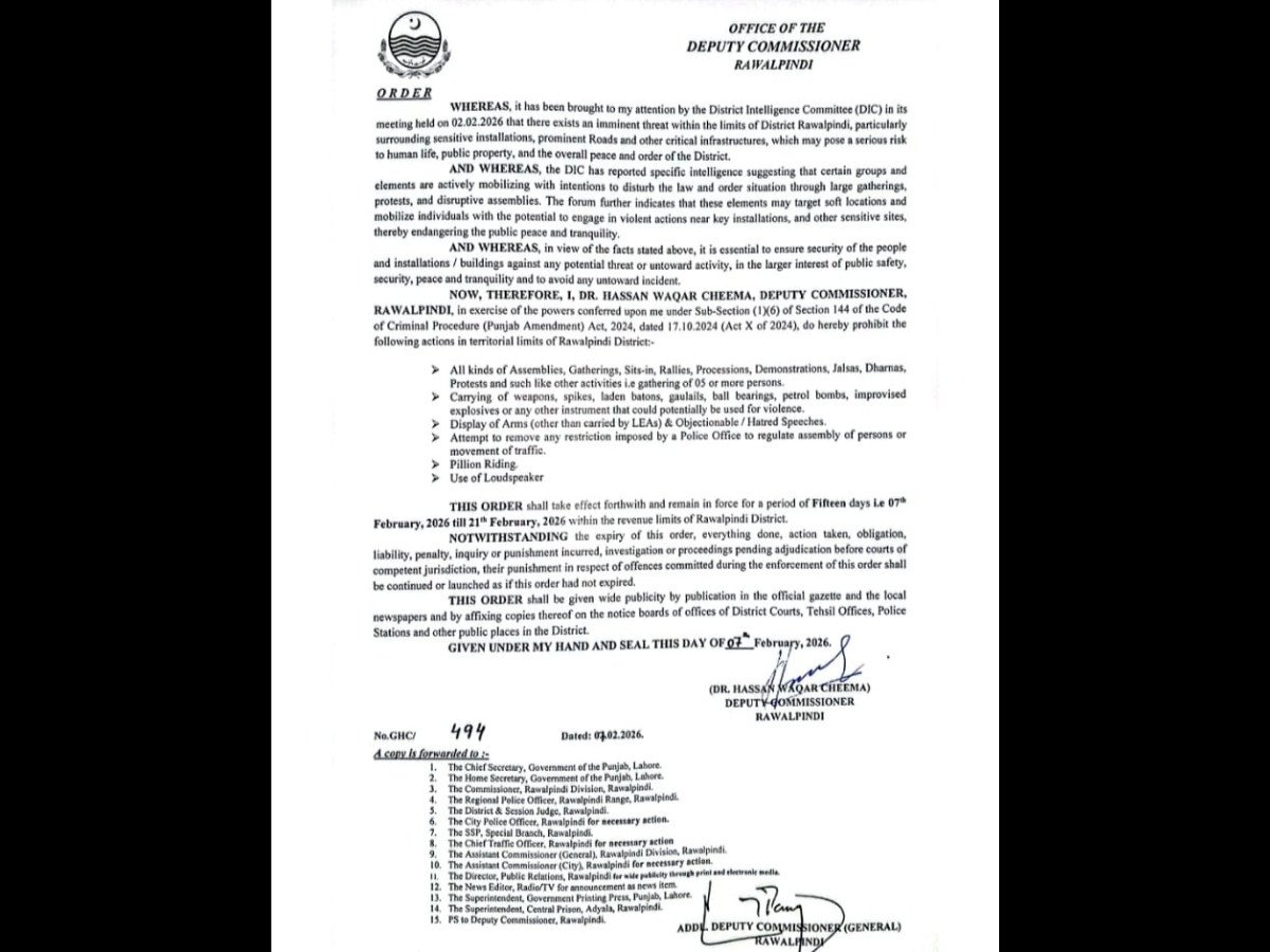 An official notification issued by the Office of the Deputy Commissioner Rawalpindi on February 7, 2026, imposing Section 144 across the district for 15 days to prohibit all rallies, protests, and gatherings of five or more people.