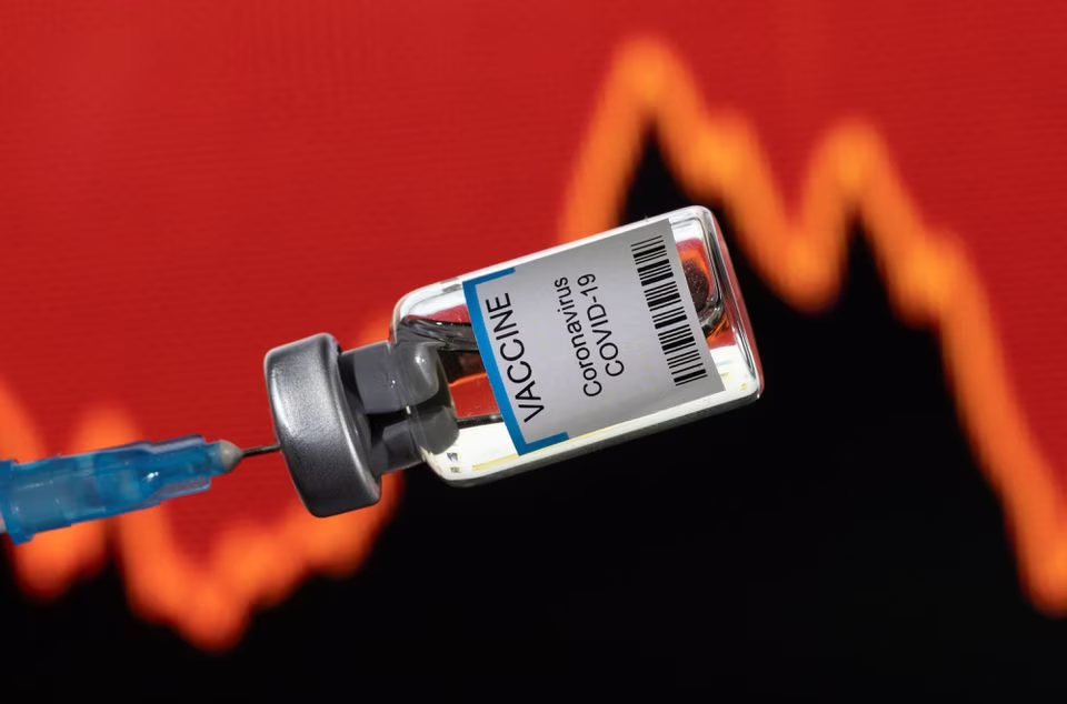 a vial labelled vaccine coronavirus covid 19 is seen in front of a stock graph in this illustration taken on january 17 2022 photo reuters file