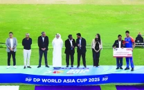asian cricket council and pakistan cricket board chairman mohsin naqvi stands on the podium with emirates cricket board vice chairman khalid al zarooni during the awards presentation ceremony at the dubai international cricket stadium photo reuters