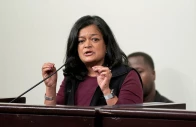 us rep pramila jayapal d wa speaks to boeing workers during a rally held by the international association of machinists and aerospace workers district 751 at a union hall during an ongoing strike in seattle washington us october 15 2024 reuters