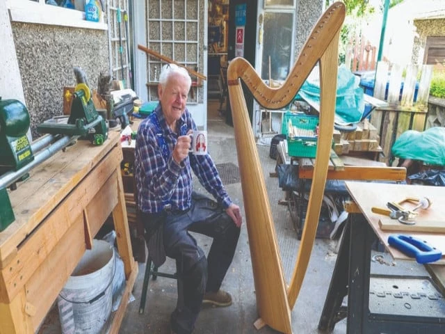 noel anderson enjoys a cup of tea at his harp making workshop photo rte