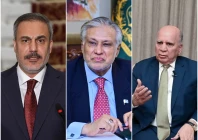 foreign minister of turkiye hakan fidan l foreign minister ishaq dar c and deputy prime minister and foreign minister of iraq fuad hussein photos file