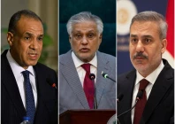 egyptian foreign minister badr abdelatty l foreign minister ishaq dar c and t rkish foreign minister hakan fidan photos file