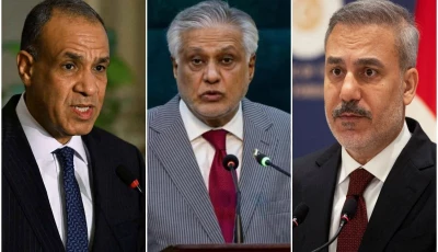 egyptian foreign minister badr abdelatty l foreign minister ishaq dar c and t rkish foreign minister hakan fidan photos file egyptian foreign minister badr abdelatty l foreign minister ishaq dar c and t rkish foreign minister hakan fidan photos file
