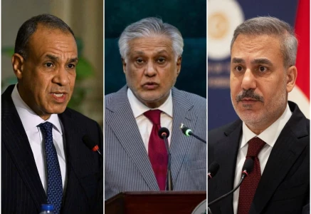 egyptian foreign minister badr abdelatty l foreign minister ishaq dar c and t rkish foreign minister hakan fidan photos file