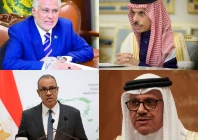 a combination of photos featuring deputy prime minister and foreign minister ishaq dar saudi foreign minister faisal bin farhan bin abdullah egypt s counterpart badr abdelatty and bahraini foreign minister abdullatif bin rashid al zayani photo afp reuters