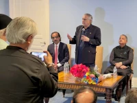 deputy prime minister and foreign minister ishaq dar addresses pakistani american community during an eid dinner in new york on wednesday photo x