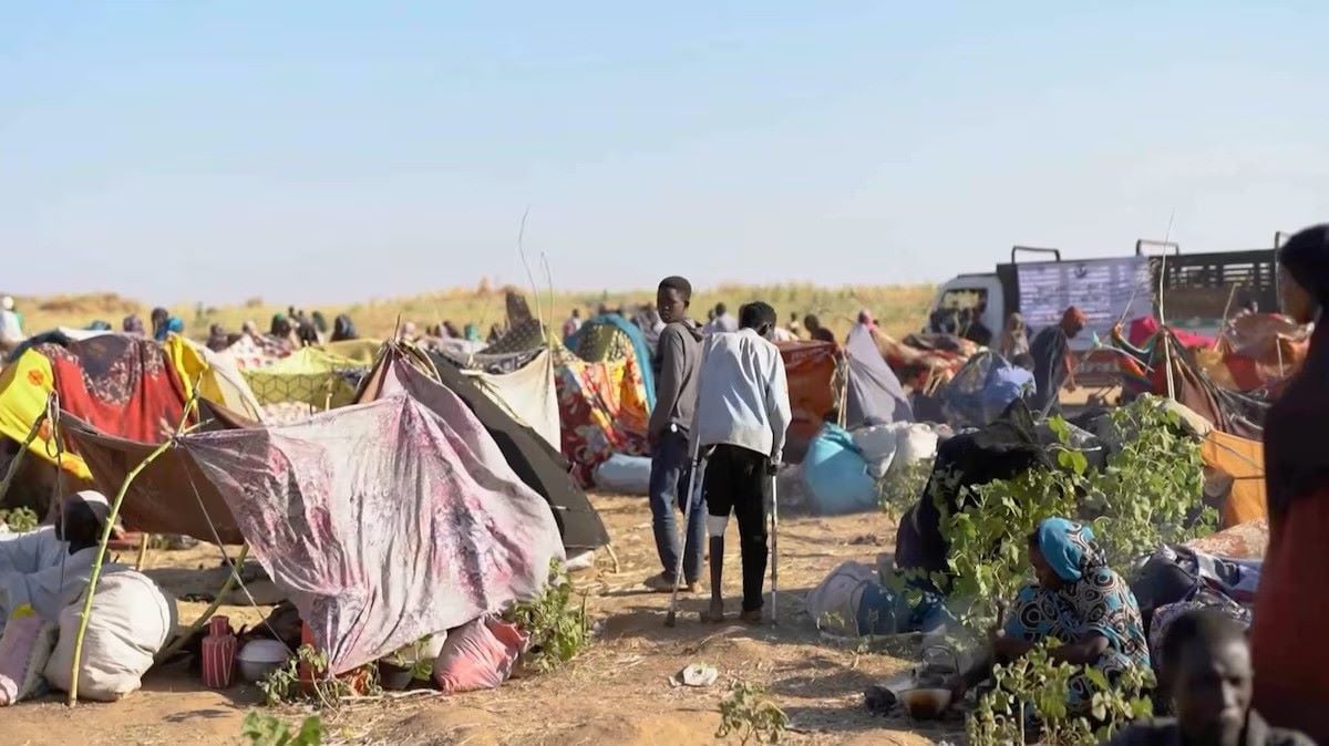 Displaced Sudanese gather and sit in makeshift tents after fleeing Al-Fashir city in Darfur, in Tawila, Sudan, October 29, 2025, in this still image taken from a Reuters' video. PHOTO: REUTERS