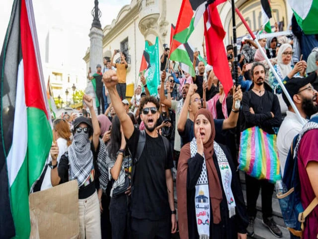 demonstrators gather for a rally condemning israel s interception of the global sumud flotilla outside the french embassy in central tunis on saturday photo afp