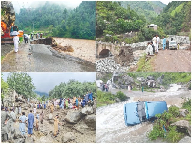 people stand near a washed away portion of the main highway from alpuri to bisham in shangla onlookers gather near a destroyed bridge in muzaffarabad ajk a vehicle swept away by a flash flood in basian area of mansehra and villagers gather at the site of a flash flood in salarzai tehsil of bajaur district photos agencies