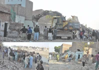 authorities demolish illegally constructed houses and shops along the pinyari canal to clear land for new road photo express