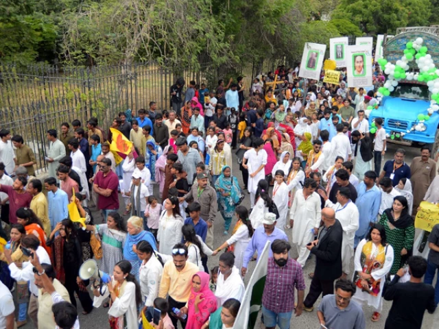 members of minority communities hold a protest rally against discrimination marginalization and violence faced by religious minorities at ymca road in karachi on august 10 2025 photo ppi members of minority communities hold a protest rally against discrimination marginalization and violence faced by religious minorities at ymca road in karachi on august 10 2025 photo ppi