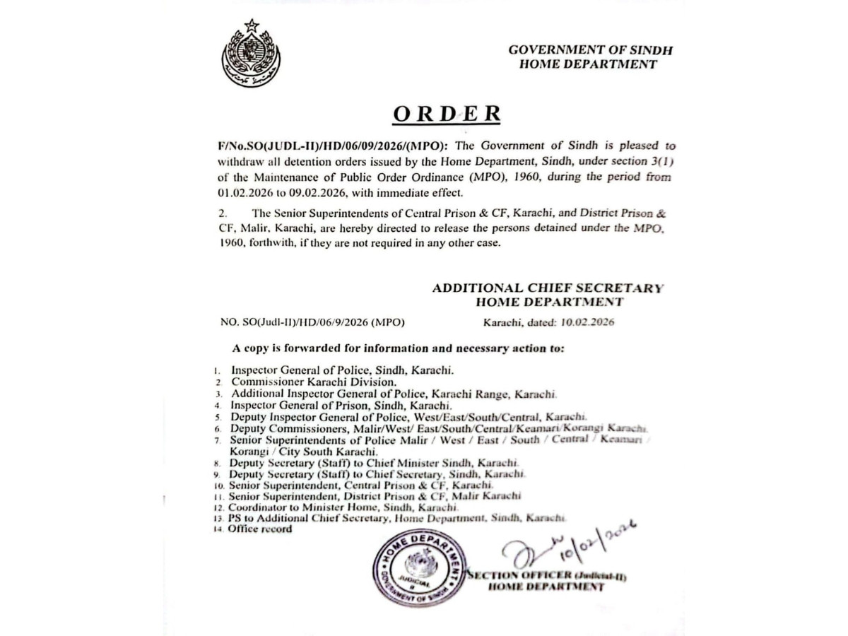 A copy of the official order issued by the Government of Sindh Home Department on February 10, 2026, directing the immediate withdrawal of detention orders under the Maintenance of Public Order (MPO) and the release of detainees from Central and Malir prisons. Photo: Government of Sindh/File