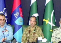 dg ispr lt gen ahmed sharif chaudhry dgpr of the pakistan air force air vice marshal aurangzeb ahmed and deputy chief of naval staff operations rear admiral raja rab nawaz address the media in islamabad on friday photo screengrab