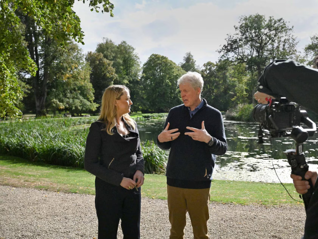 Charles Spencer, the brother of Britain's late Princess Diana is interviewed by journalist Laura Kuenssberg, as part of the documentary 