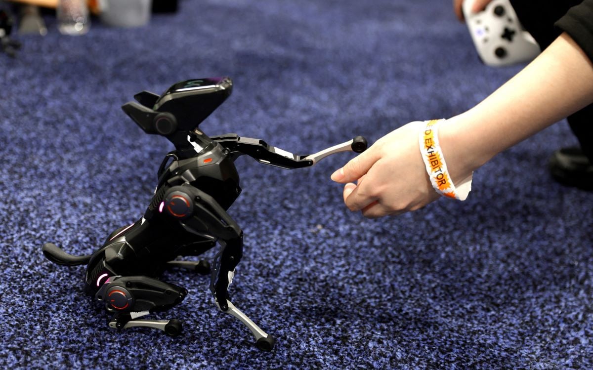 An exhibitor shakes hands with a robotic dog in the Hengbot Innovation booth during CES Unveiled at CES 2026, an annual consumer electronics trade show, in Las Vegas, Nevada, US January 4, 2026.REUTERS
