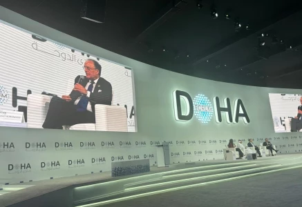 finance minister senator muhammad aurangzeb speaks at the session global trade tensions economic impact and policy responses in mena at the doha forum on saturday photo x