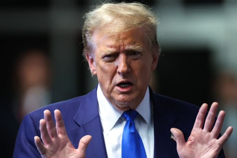 republican presidential candidate and former us president donald trump speaks to reporters at the end of the day s proceedings in his criminal trial at the new york state supreme court in new york city on may 3 2024